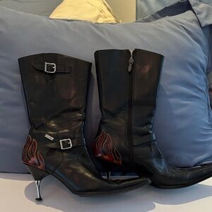 Harley Davidson Black Leather Mid-Calf Heeled Boots with Red Flame Accent